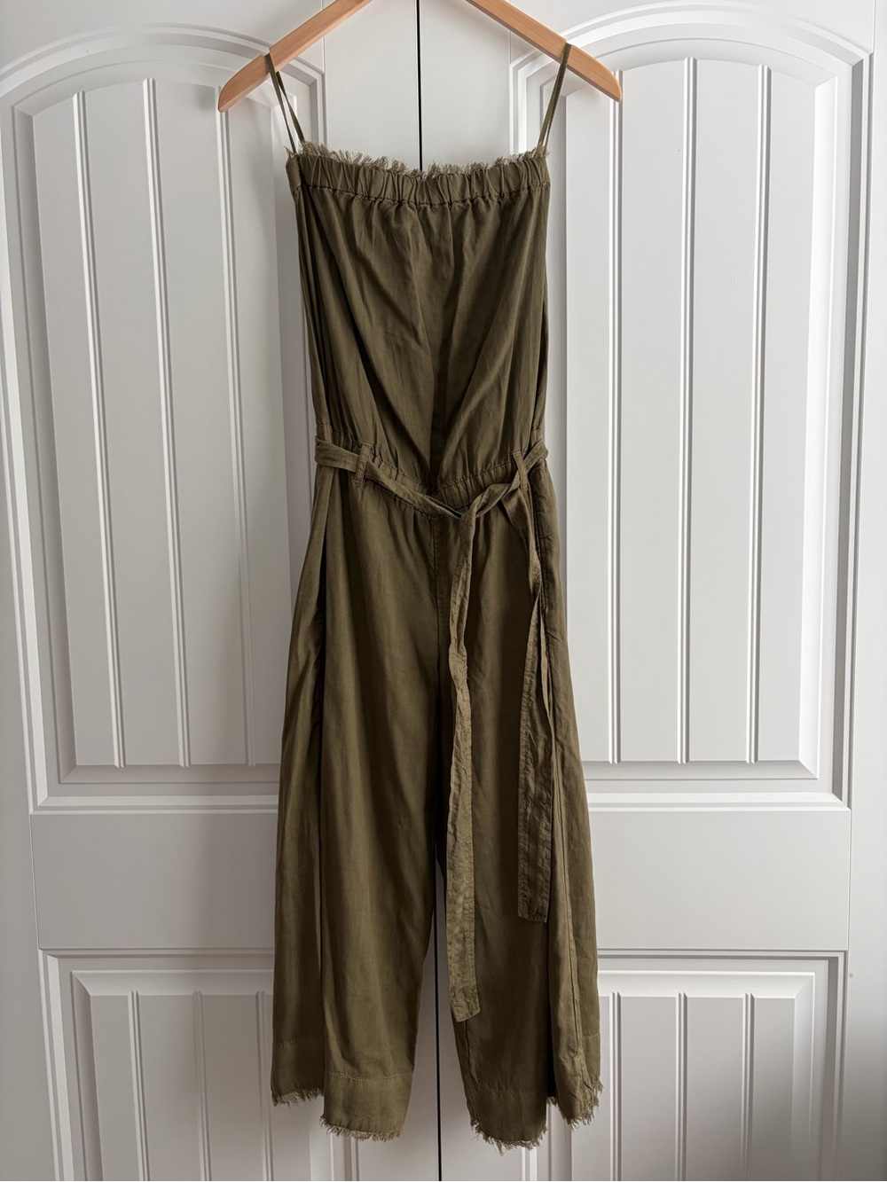 Cloth & Stone Strapless Fray Crop Belted Jumpsuit Size XS Dark Olive Green